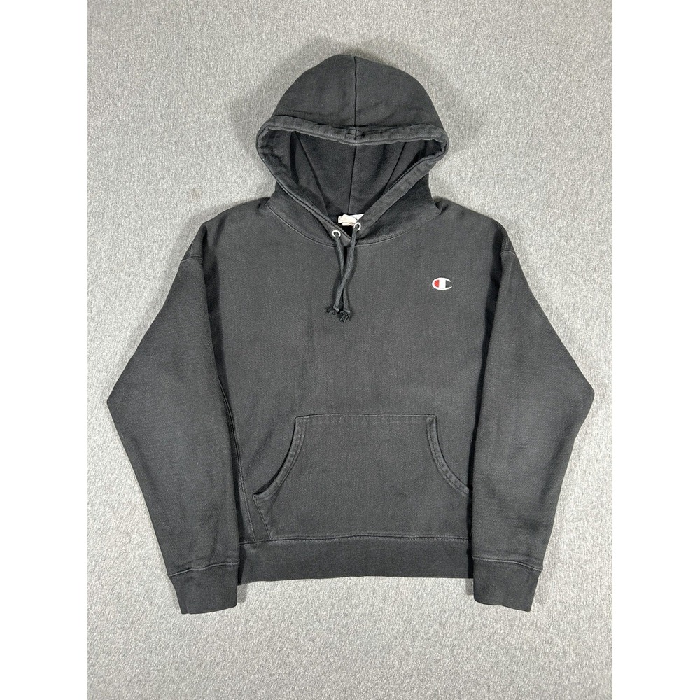 Champion Reverse Weave Hoodie Mens Large Black Small C Logo Pullover Sz L